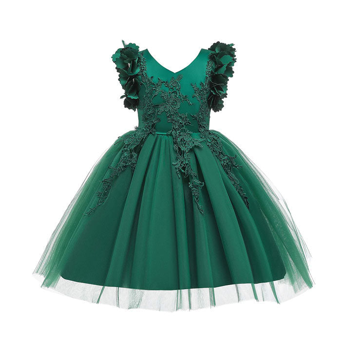 Princess Flower Girl Lace Dress Pageant Kids Christmas Party Dresses-Dark Green