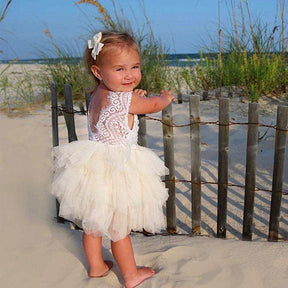 Little Girl Lace Flower Tutu Dress Backless Wedding Flower Girl Dress-White