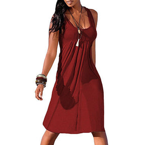 Summer Beach Tank Dresses Sleeveless Tunic Long Dress-WineRed