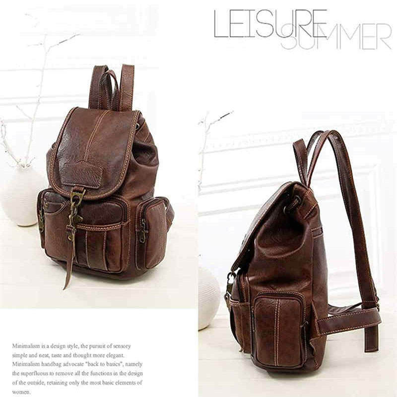 Teenager Leather Backpack Wallet Travel Drawstring Backpack-DarkBrown