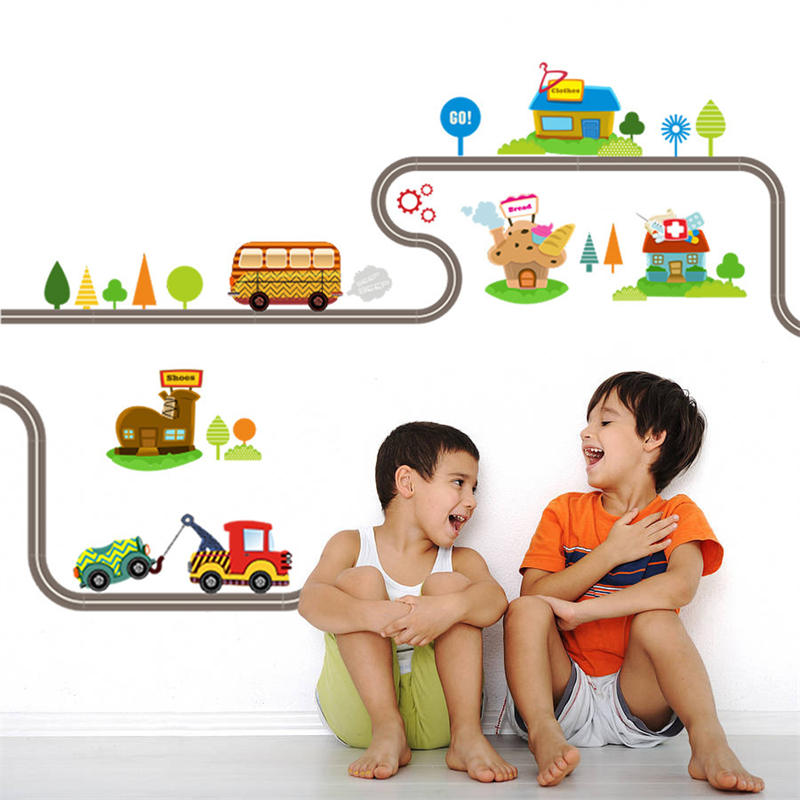 Removable Cute Cartoon Kids Room Wall Decal City Car Circled Curved Road Wall Stickers-082