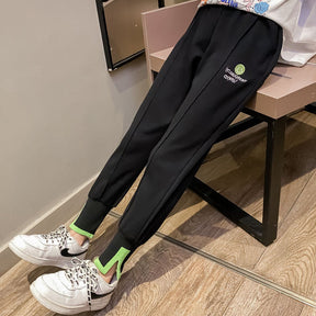Girls Joggers Long Pants Pockets Outdoor Casual Trousers Smiley-Black