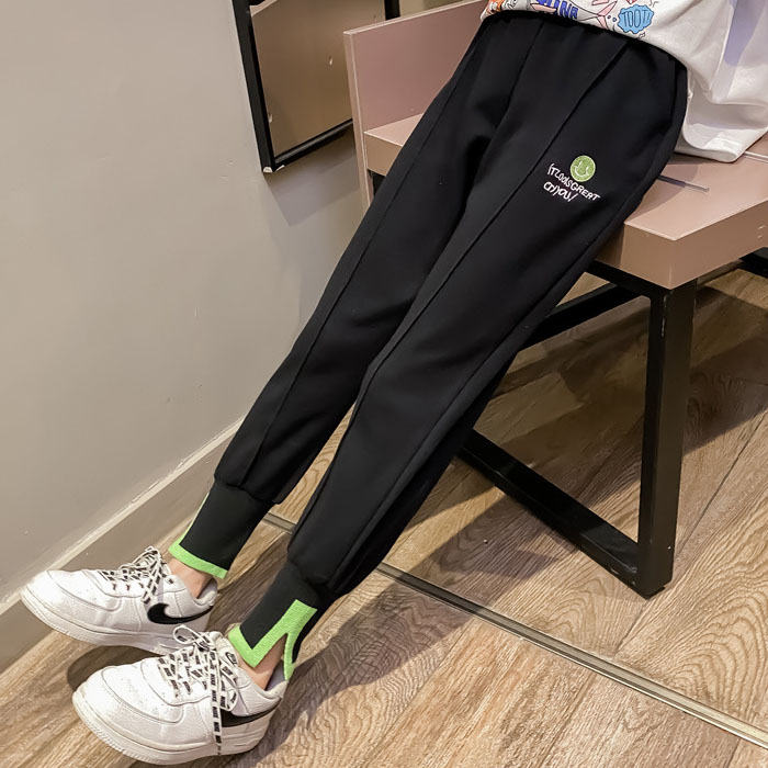 Girls Joggers Long Pants Pockets Outdoor Casual Trousers Smiley-Black