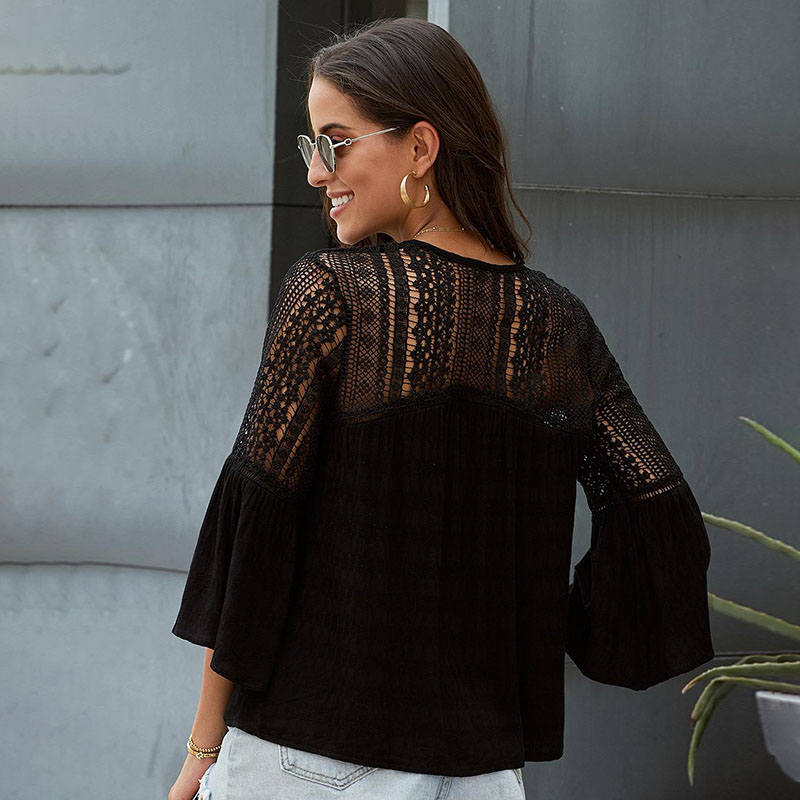 Womens V-neck Lace Crochet Shirt Flare Sleeve Buttoned Blouses-Black