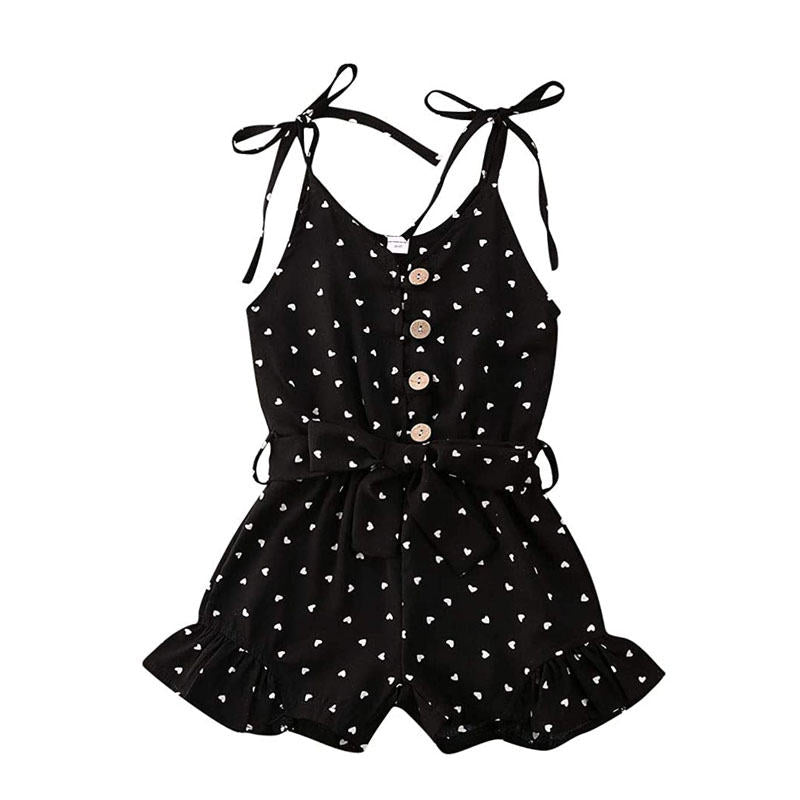 Baby Girl Clothes Self Tie Sleeveless Romper Heart Shape Print Jumpsuit-Black