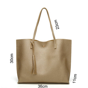 Womens Soft Leather Tote Shoulder Bag Big Capacity Tassel Handbag-Gold