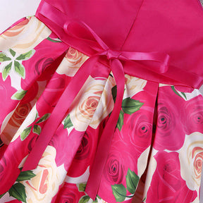 Oblique Shoulder Childrens Dress Rose Print Dress Girls Evening Party Costume-Rose Red