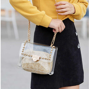 2 in 1 Transparent Shoulder Bag Set Fashion Rivet Chain Strap PVC Handbags for Women-Apricot