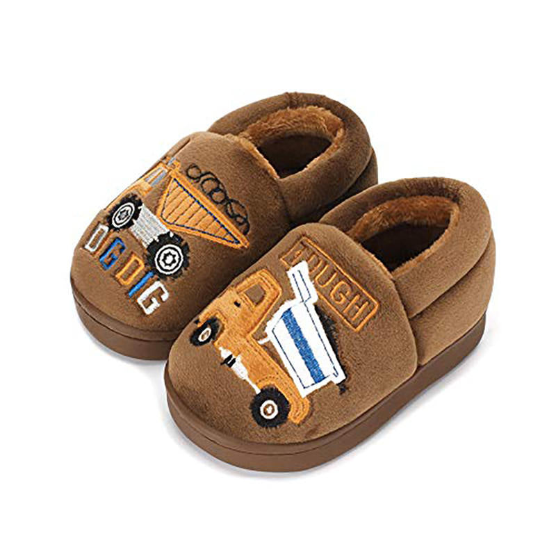 Boys Girls Warm Slippers Cartoon Kids Winter Indoor Household Shoes-Brown