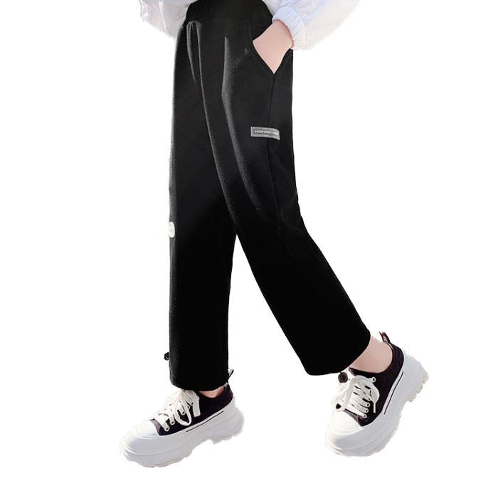 Girls Joggers Long Pants Pockets Outdoor Casual Trousers TwoWear-Black