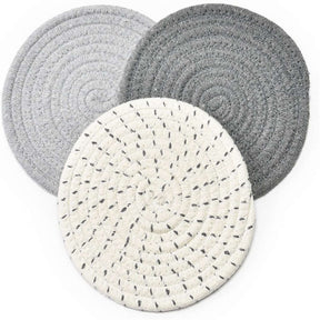 3 Pcs Potholders Colorful Cotton Thread Weave Stylish Coasters Heat Insulation Table Mat by Diameter 18CM-Grey