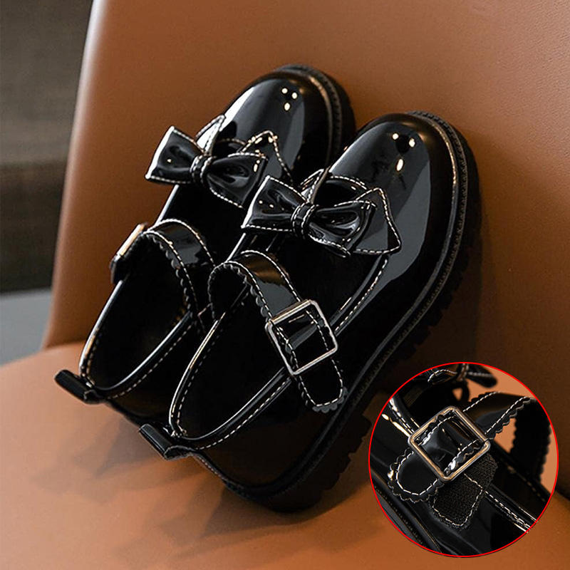 Girls Bowknot Mary Jane Shoes Hook & Loop Wedding Party Flats-Black