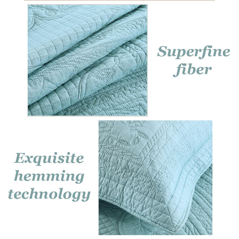 Queen Size Comforter Cover Embroidery Square Blue Quilt With 2 Pillow Cases