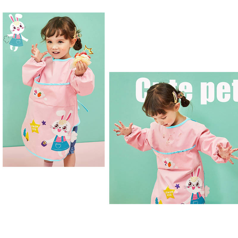 Kids Art Smocks Long Sleeve Painting Aprons with Pockets-Pink Rabbit