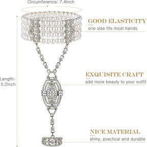 2Pcs Pearl Crystal Bracelet Ring All-in-one Chain for Women-Silver