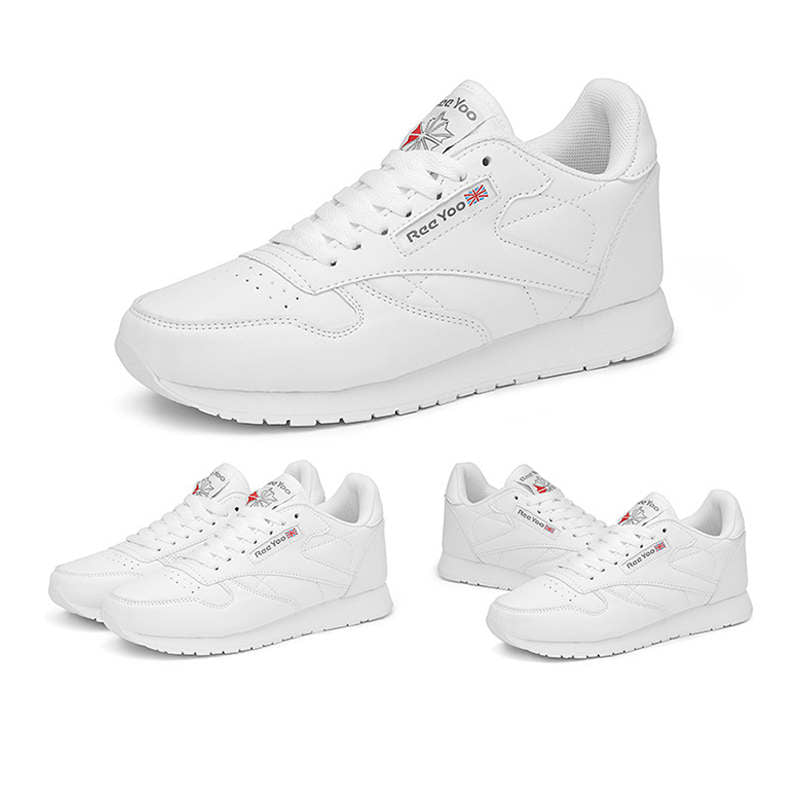 Couples Leather Sneakers Lace up Lightweight Cushioned Sport Shoes-White