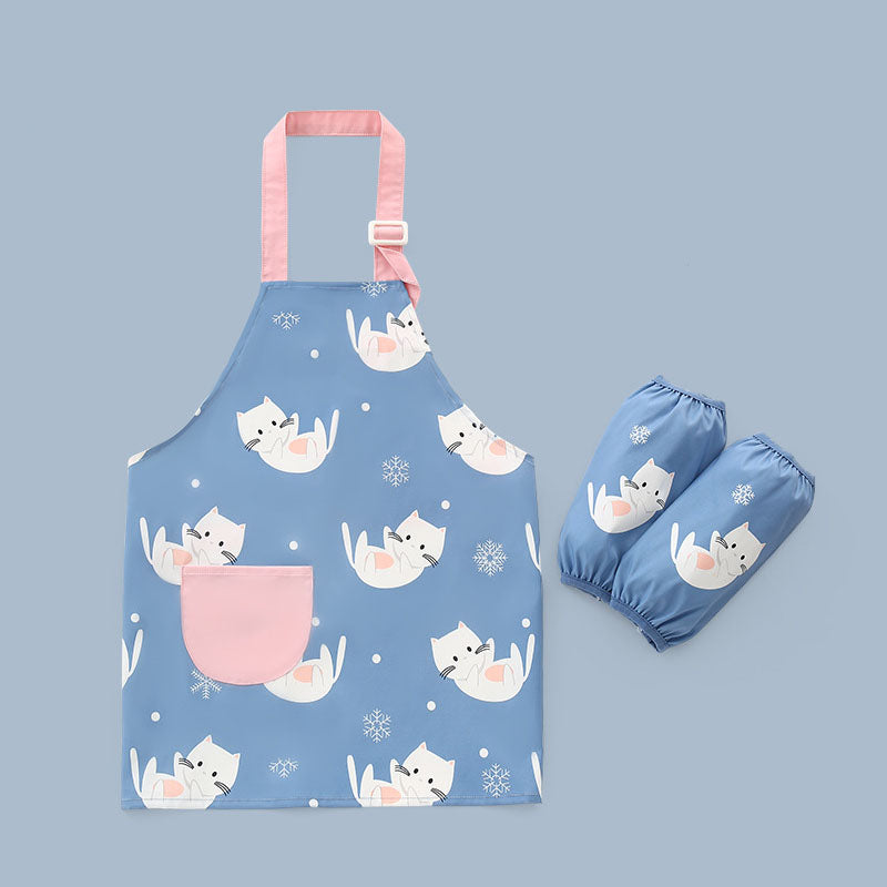 Kids Cartoon Animal Pattern Painting Waterproof Apron Set-Cat