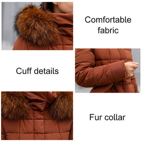 Women Warm Down Jacket with Hood Fur Long Puffer Coat-Caramel