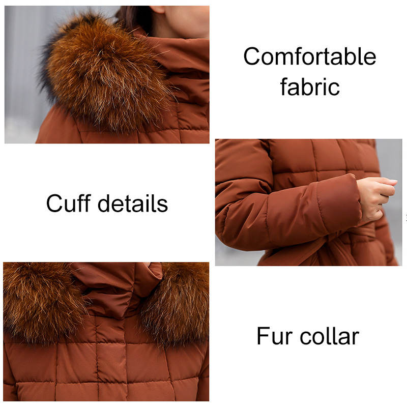 Women Warm Down Jacket with Hood Fur Long Puffer Coat-Caramel