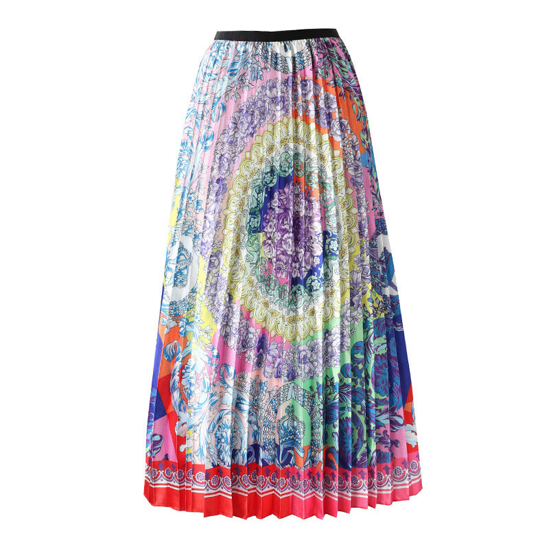 Womens Print High Waist Pleated Trendy Elegant A Line Maxi Skirt-E