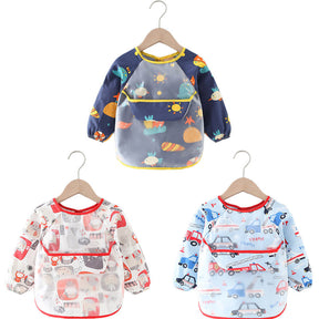 3 Pcs Long Sleeve Waterproof Bib with Crumb Catcher Pocket for 0-4 Years-3