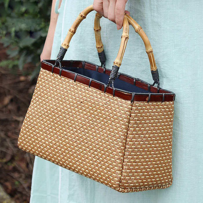 Retro Womens Bamboo Handbag Handmade Large Tote Bag Wicker Basket Bag-Beige