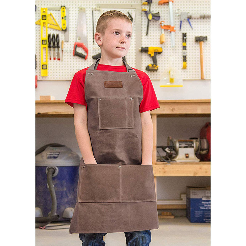 Kids Work Apron Waxed Canvas Tool Safety Smock-Brown