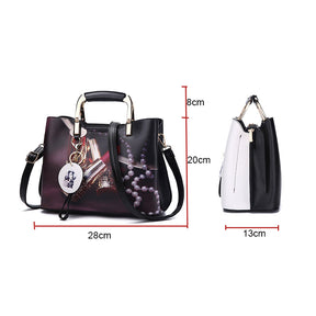 Ladies Leather Personalized Print Handbags Large Capacity Satchel-Black