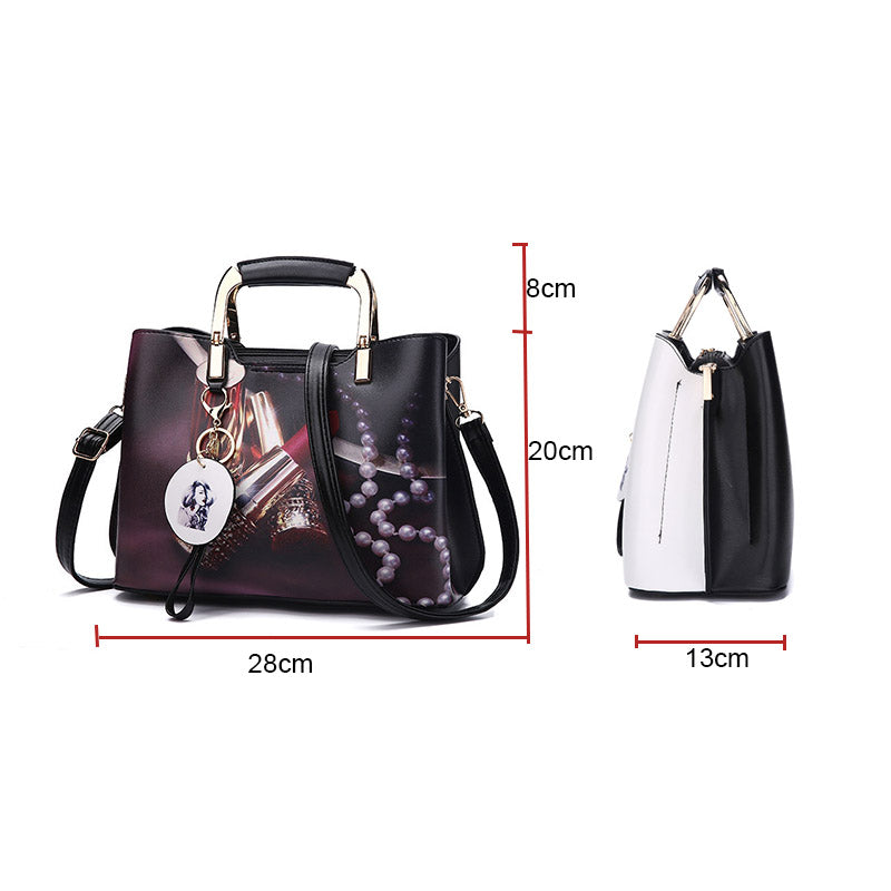 Ladies Leather Personalized Print Handbags Large Capacity Satchel-Black