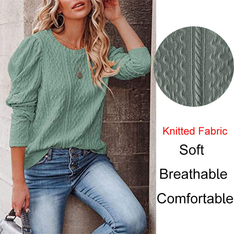 Womens Long Sleeve Sweaters Solid Color Jacquard Weave Round Neck Knit Tops-Green