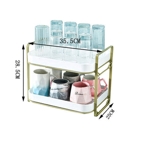 2-Tier Mugs Drying Rack with Drain Tray for Fruits Bowls Storage-White