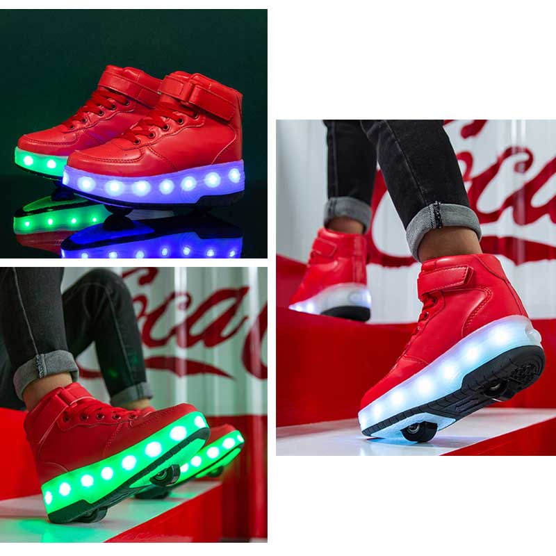 Kids Light Up Roller Skate Shoes High Top Sneakers Double Wheels-Red