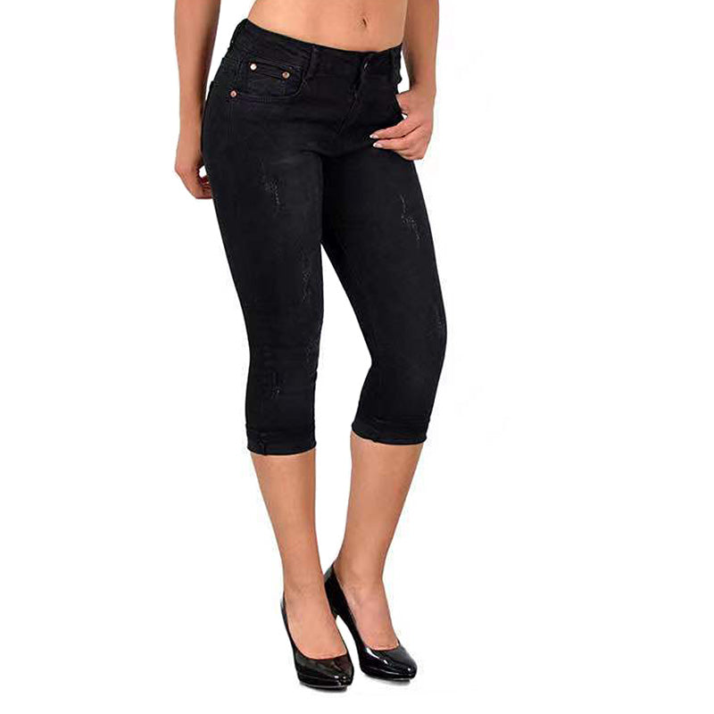 Womens Denim Capri Pants Skinny Slim Fit Casual Jeans-Black