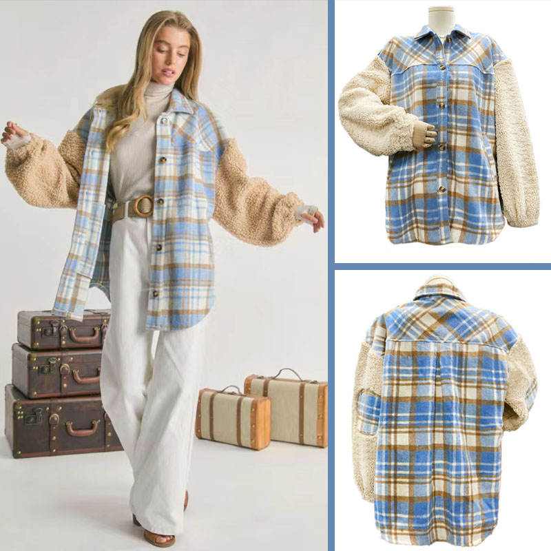 Womens Plaid Jacket Sherpa Patchwork Thickened Oversized Coat-Blue