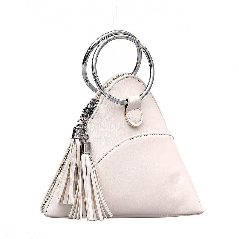 Women Cute Tassel Clutch PU Leather Triangle Bags-White