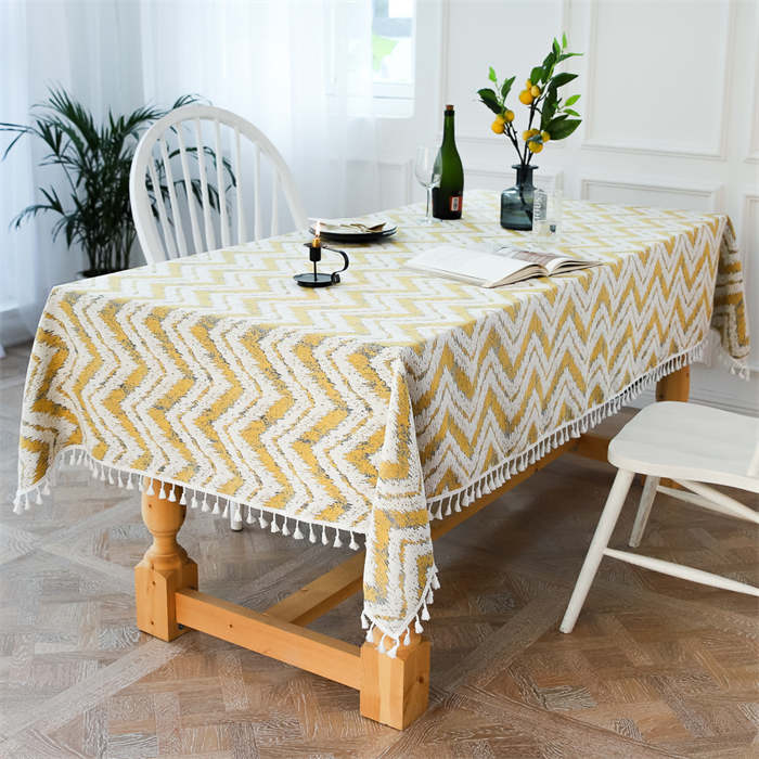 Tassel Cotton Linen Tablecloths Star Stripes Wave Dustproof Table Cover for Kitchen Dinning Room Party-Yellow