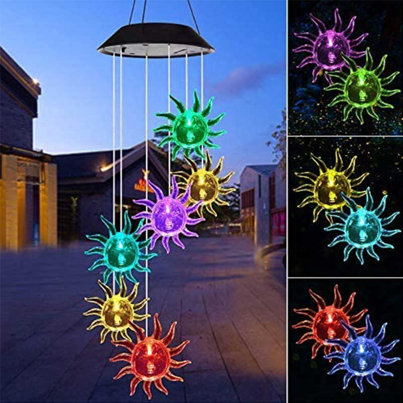 Sun Solar Wind Chimes Colors Changing Light for Garden Terrace-Black