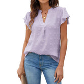 Womens Ruffle Shirts V Neck Short Sleeve Pom Chiffon Blouses Tops-Light Purple