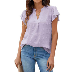Womens Ruffle Shirts V Neck Short Sleeve Pom Chiffon Blouses Tops-Light Purple