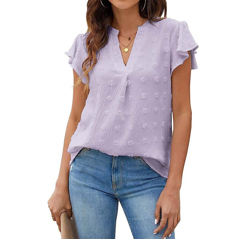 Womens Ruffle Shirts V Neck Short Sleeve Pom Chiffon Blouses Tops-Light Purple