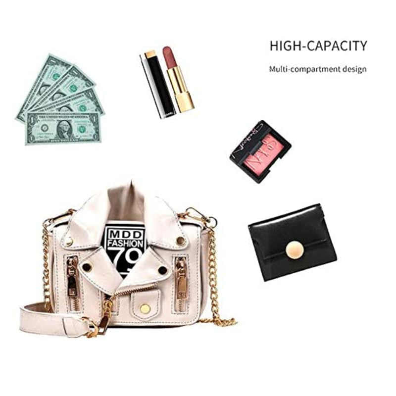 Women Motorcycle Jacket Crossbody Bag Punk Style Lapel Collar Satchel Bag-White