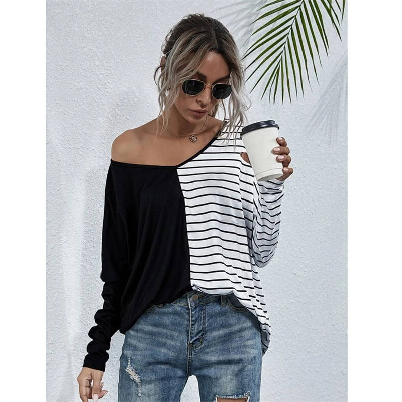 Womens Striped V-Neck Long Sleeve Tops-Black