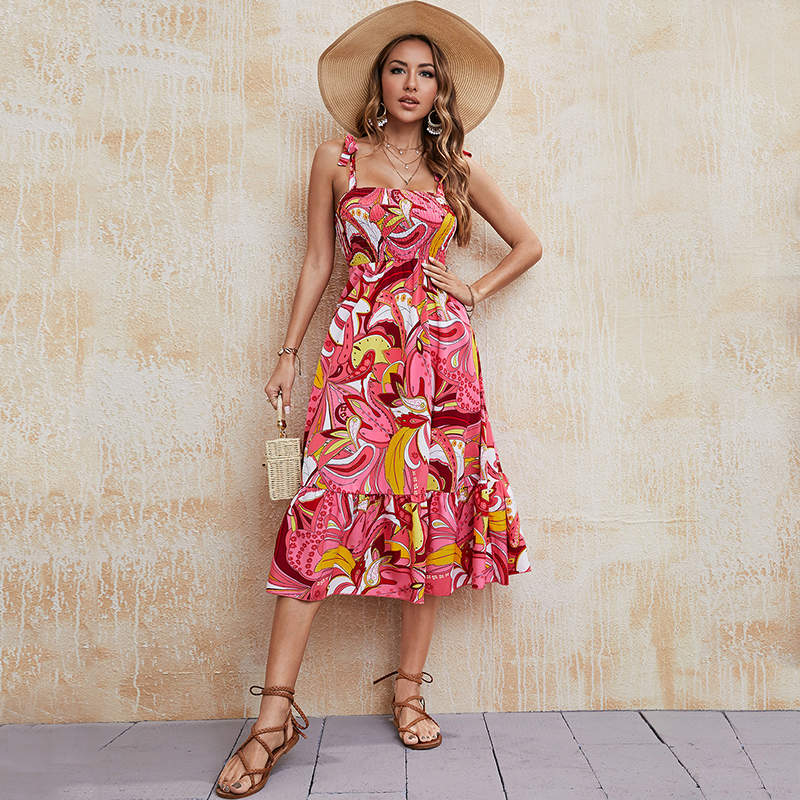 Womens Clothing Summer Floral Sling Dress Sleeveless Strap Flowy for Beach