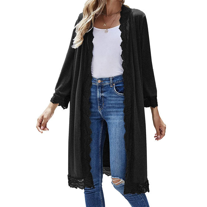Women's 3/4 Sleeve Lace Flower Trim Casual Long Cardigan Cover Up Loose Blouse Knitting Outerwear-Black