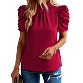 Womens Mock Neck Puff Tops Casual Loose Solid T Shirt Cuffs Pullovers-Wine Red