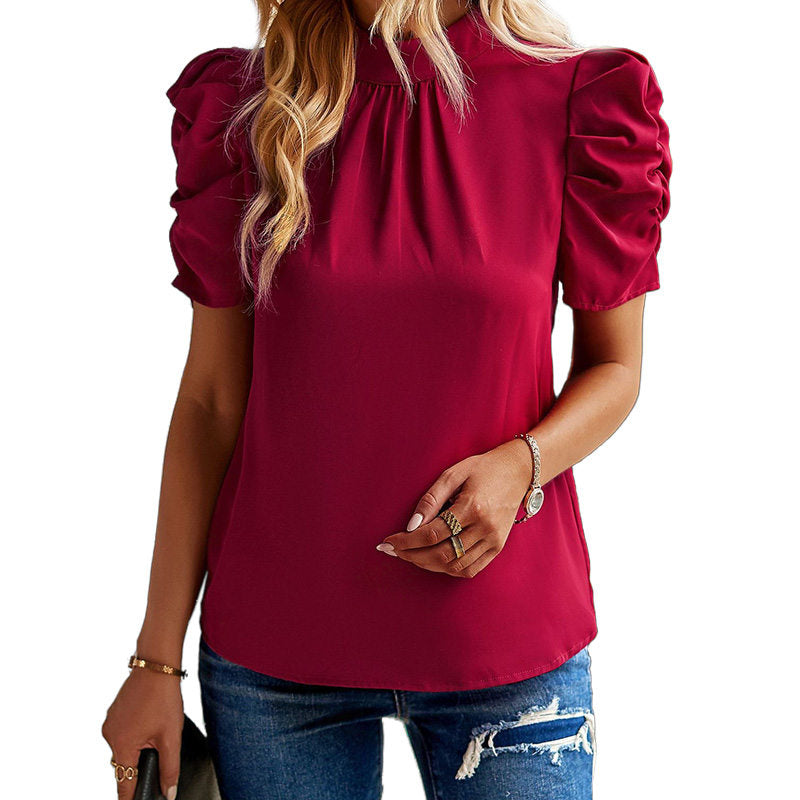 Womens Mock Neck Puff Tops Casual Loose Solid T Shirt Cuffs Pullovers-Wine Red