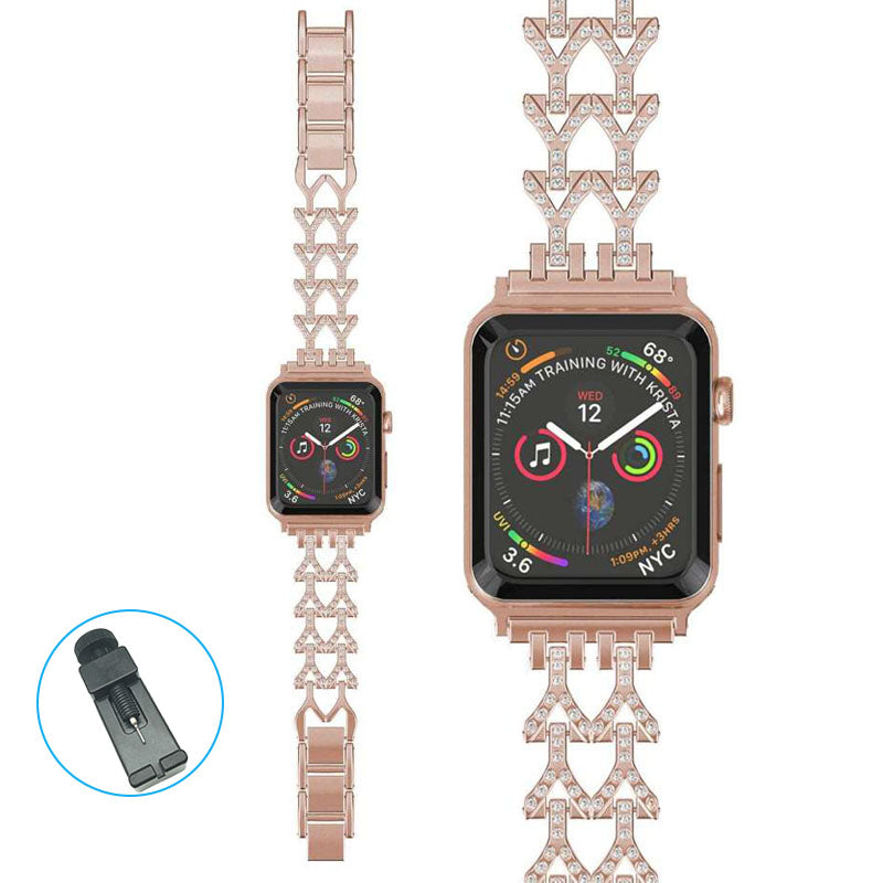 SFJ Watch Band Diamond Rhinestone Stainless Steel Wristbands for Apple IWatch Series 1/2/3/4/5/6/SE For Women-Rose Gold