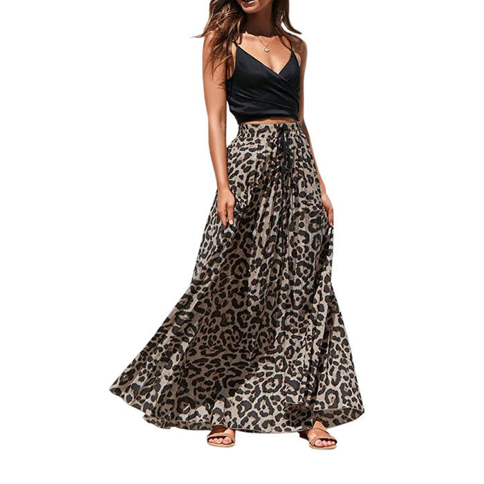 Women's Gold Velvet Fashion Leopard Printing Maxi Skirt High Elastic Shirring Waisted Dress-Dark Gray