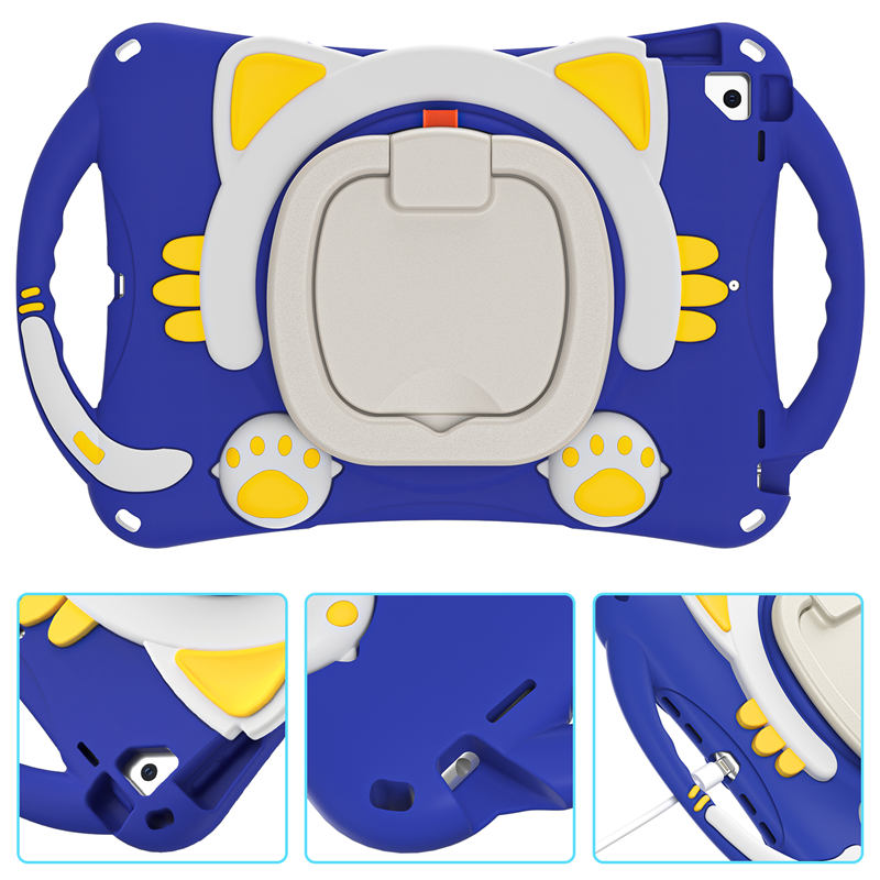 CatB Silicone Case For iPad 10.2 Air10.5 Pro10.5 Shockproof Shoulder Strap Handle Stand-Dark Blue