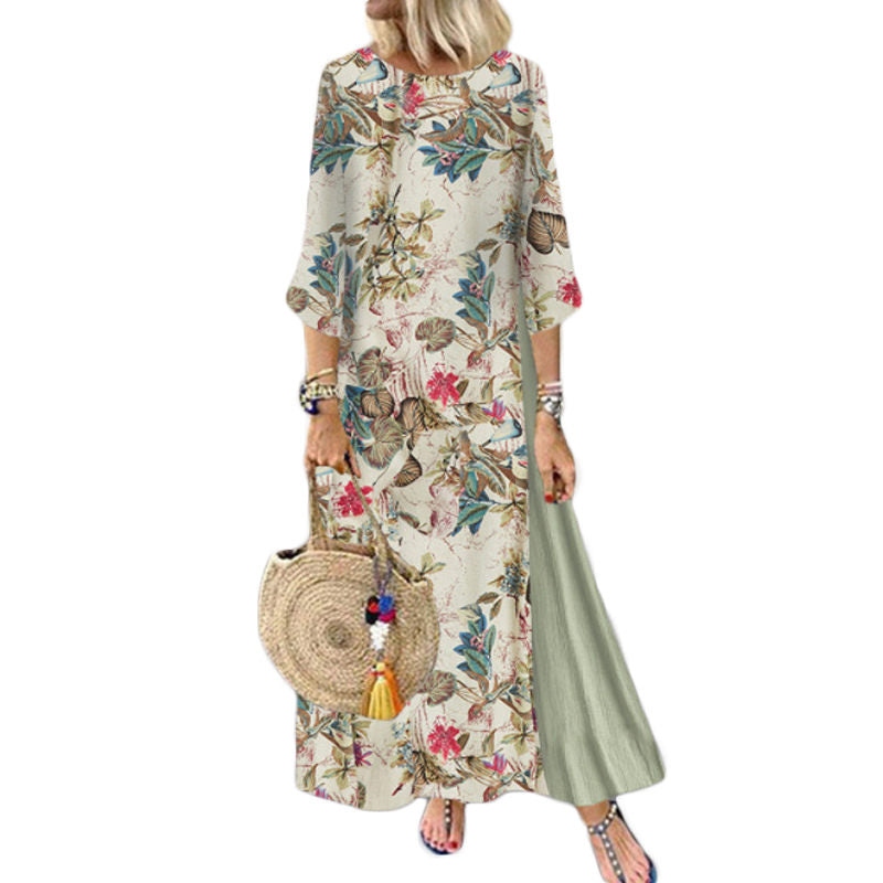 Womens Long Dress 3/4 Sleeve Flowy Floral Casual Dress for Summer-Green